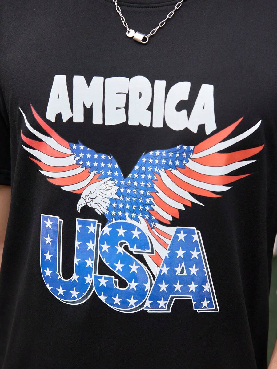 Open Phase Men's Casual Eagle Letter Printed Short Sleeve T-Shirt , Retro American, Unisex, Relaxed Fit Summer Outfits – Suitable For Everyday Wear And Summer Holiday Outfits. - Black - View 1