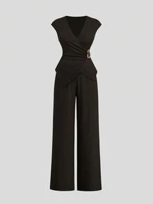 Flirla Plus Size Women's 2 Pieces Set Brown,Autumn,Elegant,Dinner Crossover Collar Metal Buckle Top & Elastic Waist Textured Wide-Leg Pants Vacation Outfit - Coffee Brown - View 5