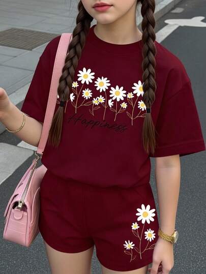 1 Set Niña preadolescente Conjunto de camiseta de manga corta de cuello redondo suelta y cómoda con estampado floral burdeos y shorts sueltos, adecuado para uso diario, ropa de calle, salidas, hogar, vacaciones, picnics, actividades en la granja, temporada de regreso a la escuela y primavera/verano