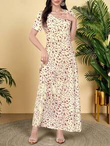 Women's Full Print V-Neck Fashionable Date Party Dress - Yellow - View 3