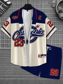 Manfinity Homme Plus Size Men's Retro Navy Blue Baseball Shirt Set,Summer Streetwear City Break Back-To-School,Colorblock Letter & Number Print Loose 2-Piece Suit - Multicolor - View 3