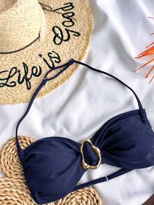 SHEIN 适合青少年女孩的纯色无肩带系带金属饰品比基尼套装，夏季泳装套装/沙滩女孩装/两件式泳衣/青少年比基尼套装 - 藏蓝色 - 查看 3