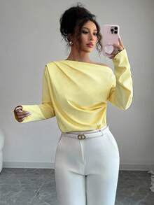 Elenzga Women's New Autumn Ruched Asymmetrical Shoulder Long Sleeve Blouse - Light Yellow - View 6