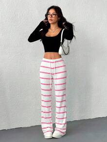 Pantalones casuales de mujer con cintura con cordón acanalado, para primavera/otoño - Rosa Fucsia - Ver 4