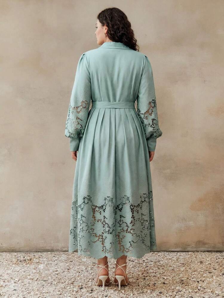Women's Elegant Hollow Embroidered Light Green Shirt Dress, Suitable For Spring, Summer, Autumn And Winter, Vacation, Evening Party And Date