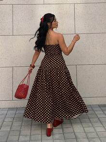 GalTyme 大码棕色波点印花抹胸连衣裙 - 棕色 - 查看 2