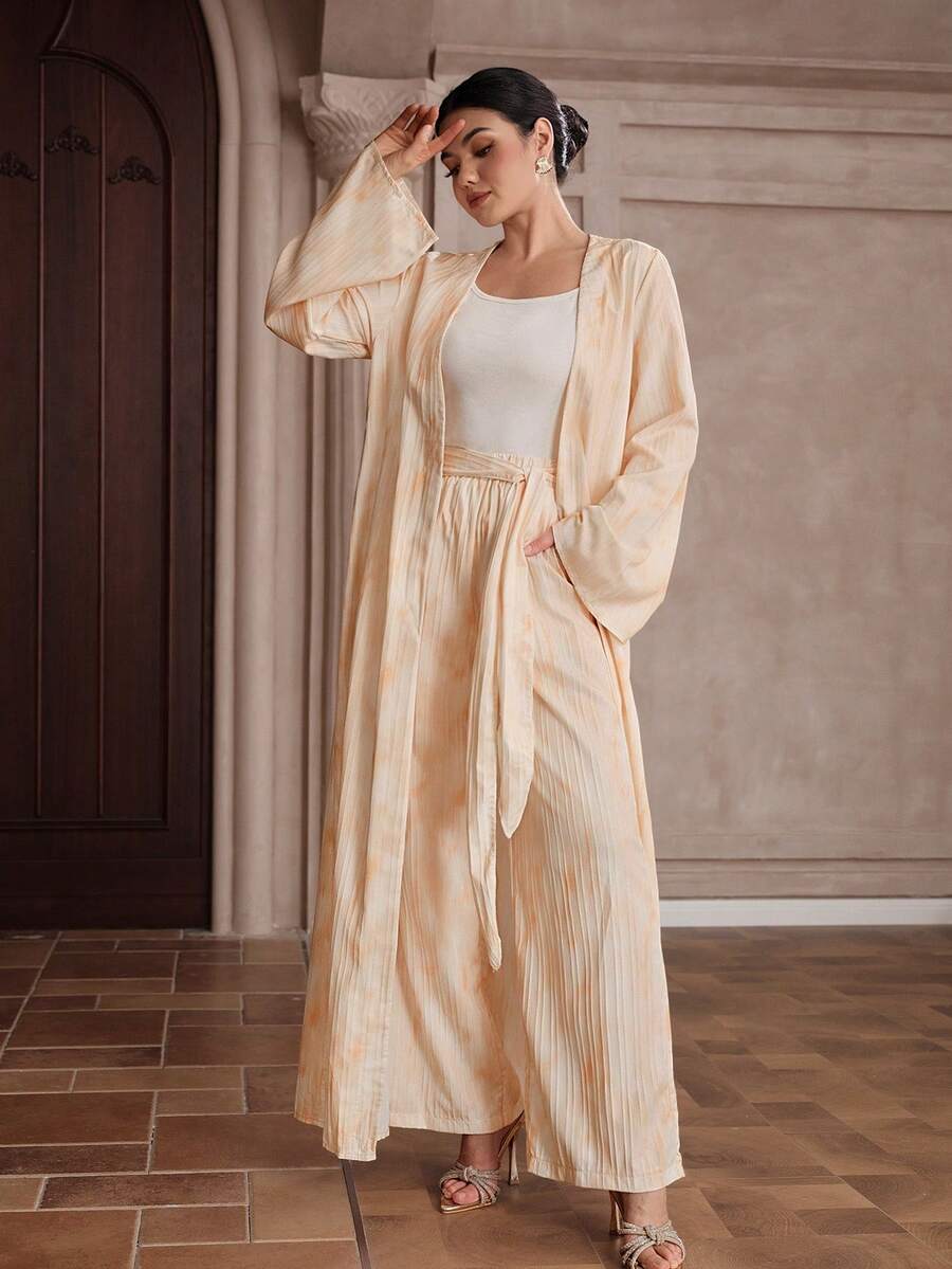 Al Najma Women's Elegant Tie-Dye Print Robe And Pants Two Pieces Set - Yellow - View 1