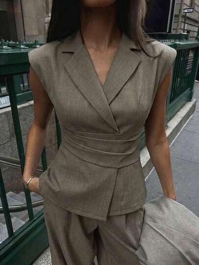 Firerie 女士休闲优雅仿亚麻收腰西装外套 / 女士棕灰色亚麻修身收腰西装外套 / 秋冬女装 / 返校季 / 返校节 / 商务休闲女装 / 复古风女装 / 办公室女装 / 穿搭 / 女士社交西装外套 / 修身褶裥西装外套 / 女士优雅西装外套