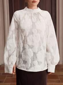 Graceveil Áo sơ mi nữ cổ đứng, chất liệu jacquard, kiểu dáng thường ngày, đa năng. - Màu be - Xem 4