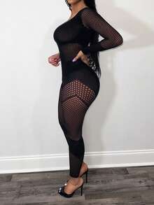 BamGleam Bộ jumpsuit xuyên thấu lưới khoét hở gợi cảm dành cho nữ - màu đen - Xem 6