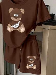 Resyla Conjunto de camiseta de manga corta y pantalones cortos con estampado de oso de dibujos animados, casual para vacaciones y viajes, verano - Café integral - Ver 3