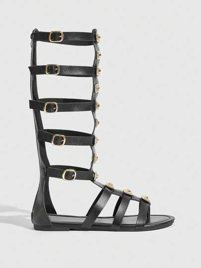 Daringsoles 2025春夏新款女鞋，金属搭扣设计，圆头平底罗马凉鞋，黑色露趾度假鞋