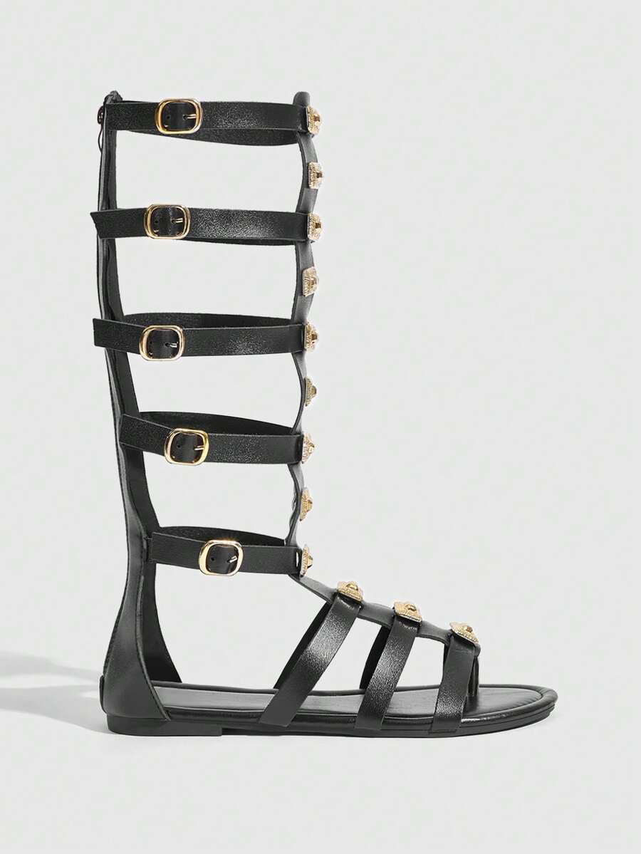 Daringsoles 2026年春夏新款女鞋，金属搭扣设计，圆头平底罗马凉鞋，黑色露趾度假鞋 - 黑色 - 查看 1