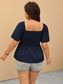 Elaquor Plus Size Women Vacation Solid Color Square Neck Button Down Shirred Ruffle Hem Blouse - Navy Blue - View 2