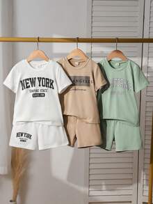 3 sets/6 piezas Conjunto de camiseta de manga corta con estampado de eslogan y pantalones cortos casuales para niños, adecuado para uso diario, vacaciones, deportes, verano - Multicolor - Ver 3
