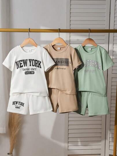 Bộ 3 món/6 món áo thun ngắn tay và quần short in khẩu hiệu dành cho bé trai, thích hợp mặc hàng ngày, đi nghỉ mát, chơi thể thao, mùa hè.