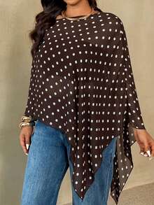 Auralis 大码女式波点不对称下摆时尚衬衫 - 咖啡棕 - 查看 5