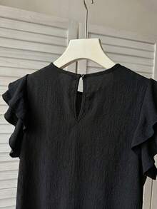 少女白色纹理编织圆领褶皱荷叶边泡泡袖修身休闲衬衫，度假风，法式优雅，适合春季外出和返校穿着 - 黑色 - 查看 6