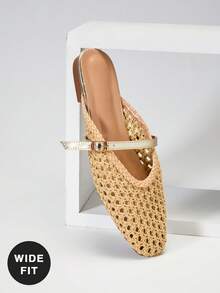 SHUZIA Ladies Wide Fit Elegant Crochet Woven PU Slip-On Mules - Apricot - View 1