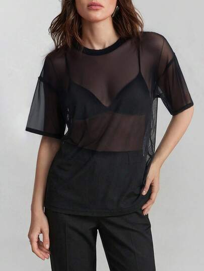 Ontre 女士黑色网眼面料舒适亲肤宽松圆领落肩短袖现代都市休闲商务正式办公低调复古高品质机场穿搭高级面料女式T恤