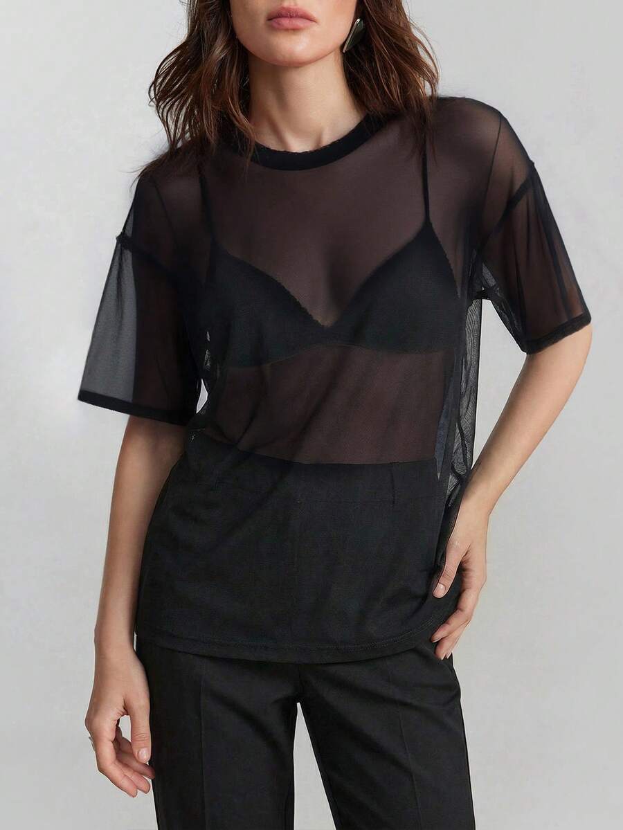 Ontre Women's Black Mesh Fabric Sheer Tops, See Through Shirt, Loose Fit Round Neck Short Sleeve T-Shirt, Sexy Chic Club Night Summer Vacation Boho