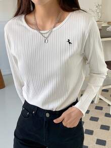 DAZY Camiseta de manga larga con cuello redondo y estampado de caballos, de estilo casual para mujer - Blanco - Ver 7
