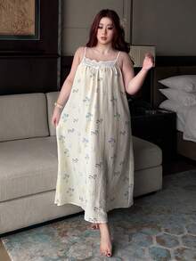 Dazy Plus Casual Floral Print Patchwork Trim Camisole Plus Size Women Spring/Summer Nightgown Pajamas - Apricot - View 3
