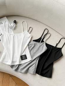 SHEIN EZwear Bộ 3 áo hai dây dệt kim dành cho nữ - Nhiều màu - Xem 8