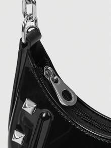 ROMWE Grunge Punk 1-Pack Ladies Punk Rivet Mongolian Tote Bag Chain Shoulder Crossbody Jelly Bag - Black E - View 4
