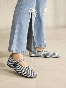 MOTF BRAID BUCKLE STRAP SQUARE TOE FLATS SPRING SHOES - Black and White - View 8