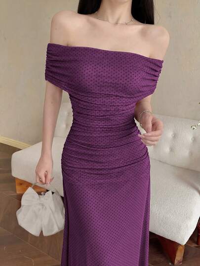 Modelyn Đầm cưới/hẹn hò thanh lịch màu tím dành cho nữ, chất liệu lưới, họa tiết chấm bi, kiểu trễ vai, xếp ly ở eo.