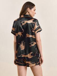 Hourtrue [Dreamery]Conjunto de pijama de mujer con estampado de leopardo, popelina, manga corta y pantalones cortos para el verano - Negro - Ver 2