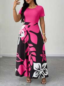 SHEIN CURVE+ 大码女装春夏印花圆领修身短袖优雅长连衣裙，适合外出、办公、通勤、日常休闲穿着、约会等场合。 - 西瓜粉 - 查看 4