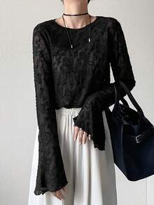 FRIFUL Kaos Kasual Wanita Kerah Bulat Bahan Renda Model Pas Badan Lengan Mengembang Warna Polos - Hitam - View 5