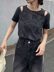 FRIFUL Women's Casual Hollow-Cut Round Neck Short Sleeve T-Shirt, Summer - Dark Grey - View 4