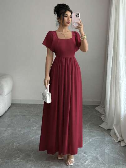 Elenzga Đầm nữ màu hồng cam trơn cổ vuông eo cao, chất liệu chiffon mỏng nhẹ, tay phồng, xếp ly, dáng chữ A, tối giản, thanh lịch, thoải mái, đa năng, nhẹ nhàng, phù hợp mặc hàng ngày và các dịp lễ.