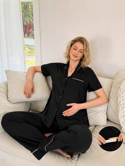 SHEIN Bộ đồ mặc nhà tối giản, thoải mái gồm áo khoác cardigan và quần dài với cổ áo viền màu tương phản dành cho bà bầu.