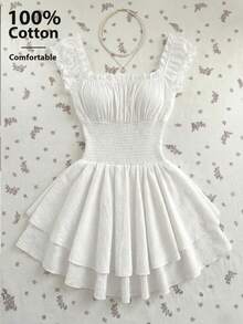 Elamini Women's Casual Ruffled Square Neck White Jumpsuit For Summer Vacation - White - View 1