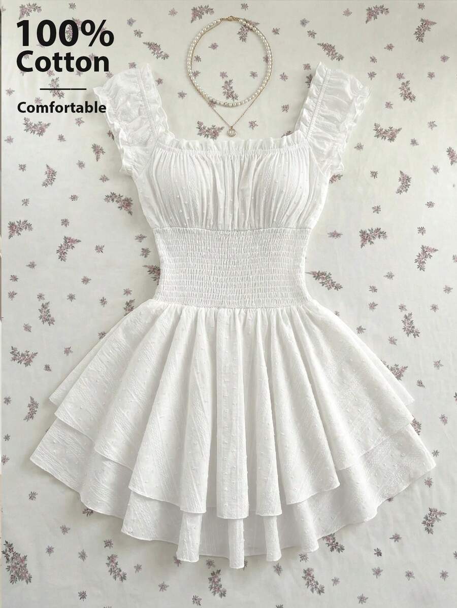 Elamini Women's Casual Ruffled Square Neck White Jumpsuit For Summer Vacation - White - View 1