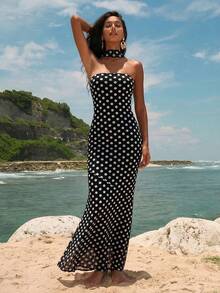 Opulessa Knitted Mesh Printed Fitted Dress For Women - Black and White - View 6