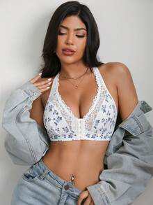 1 pieza Sujetador con cierre delantero para mujer, sujetador deportivo con parches de encaje, sujetador push-up con broche delantero - Azul y blanco - Ver 3