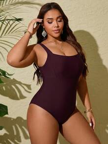 Swim Lushoire Baju Renang Terusan Wanita Ukuran Besar Warna Polos untuk Liburan Pantai Musim Panas - Burgundy - View 5