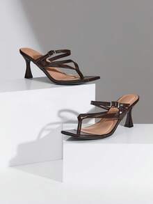 SHUZIA Sandal xỏ ngón đế thấp, mũi vuông, thoải mái dành cho nữ. - Màu nâu Sô-cô-la - Xem 7