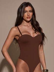 SHEIN BAE Women's Solid Color Sexy Fashion Camisole Bodysuit - Brown - View 5