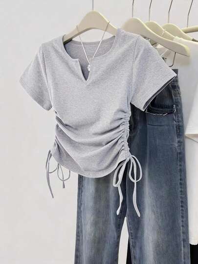 Resyla 女士纯色V领短袖抽绳休闲T恤