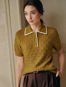 Anewsta French Spring/Summer Elegant Textured Business Casual 3D Crochet Hollow Gold Button Ivory Knit Top - Army Green - View 6