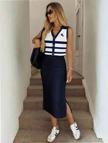 SHEIN LUNE 女士休闲纽扣开衫背心和迷你裙两件套，适合春夏穿着 - 彩色 - 查看 4