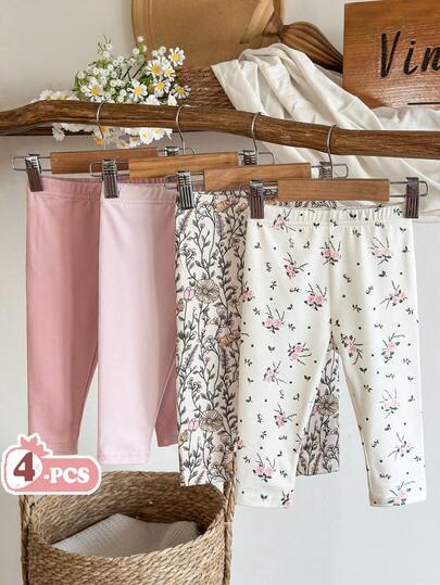 SHEIN Vintaside Kids 4pcs/Set Baby/Toddler Girl Casual All-Match Minimalist Comfortable Soft Skin-Friendly Black & White Striped, Pink, Apricot Solid Color Leggings Pants, High Cost-Effective, Suitable For Spring/Summer Indoor Or Outdoor Play