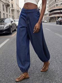 Maija Women's Blue Jeans, Low-Rise Balloon Pants, Elegant Harem Pants,Summer Outfits For Women - Dark Wash - View 1