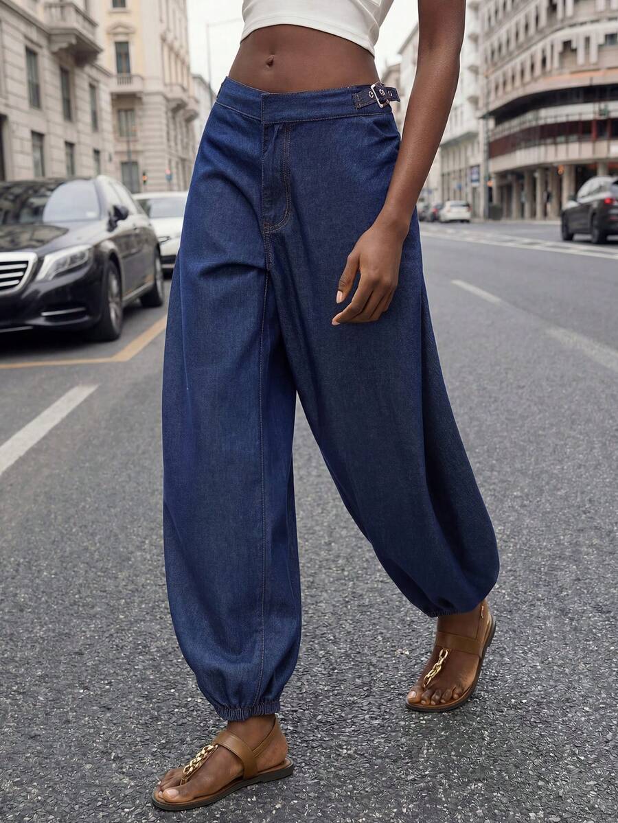 Maija Women's Blue Jeans, Low-Rise Balloon Pants, Elegant Harem Pants,Summer Outfits For Women - Dark Wash - View 1